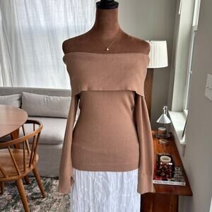 BCBG Max Azria Off the Shoulder Tan Knit Top Fold Over Sweater Camel Brown Small